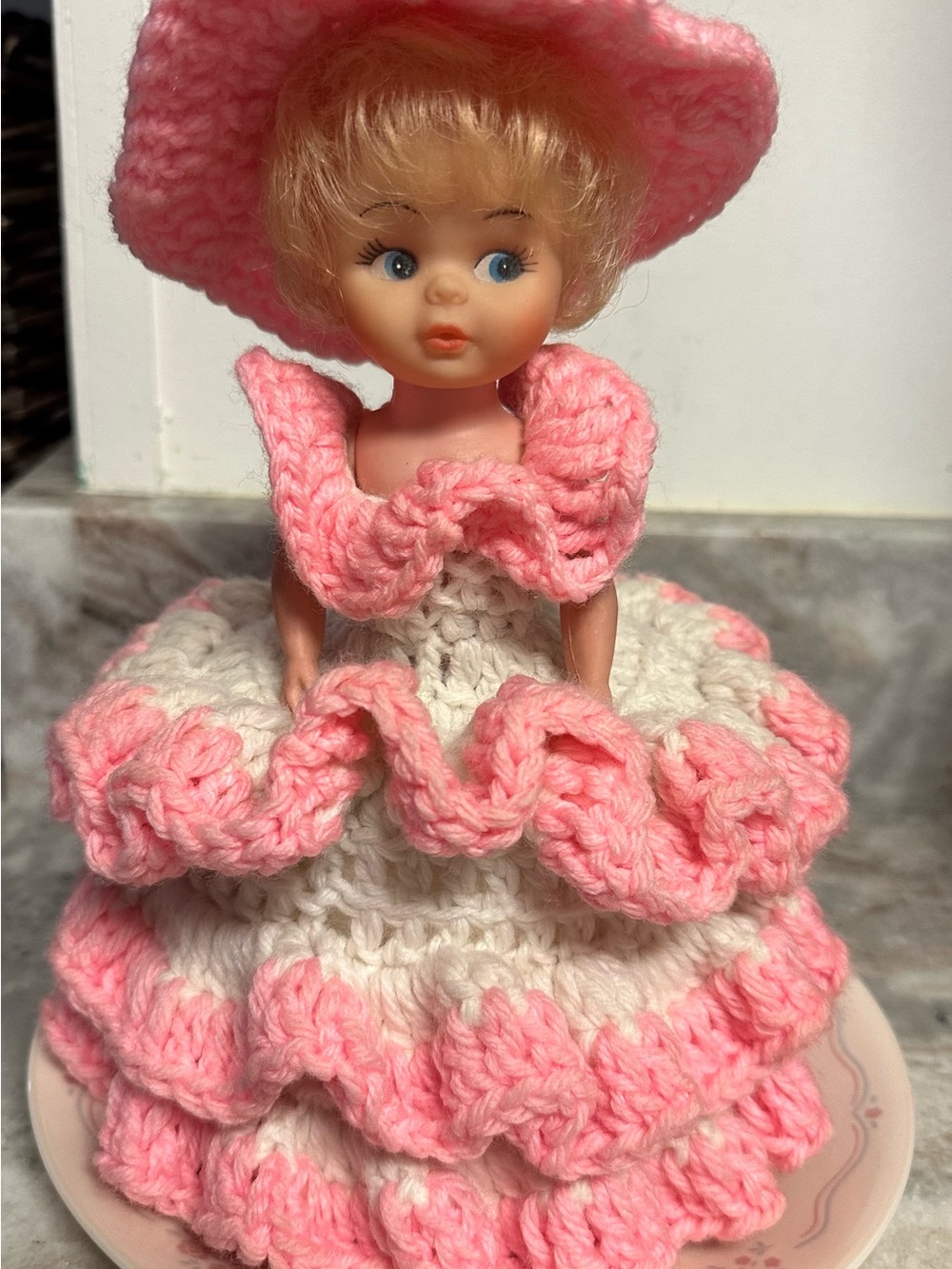 Vintage Pink and Cream Crochet Doll Bath Accessory